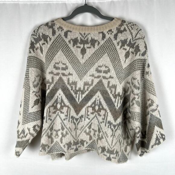 Free People Crop Sweater Top Western Print Ivory Tan Wool Blend Sz XS Oversized - Picture 3 of 8